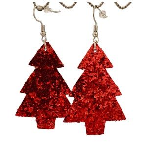 Red Glitter Christmas Tree Leather Earrings